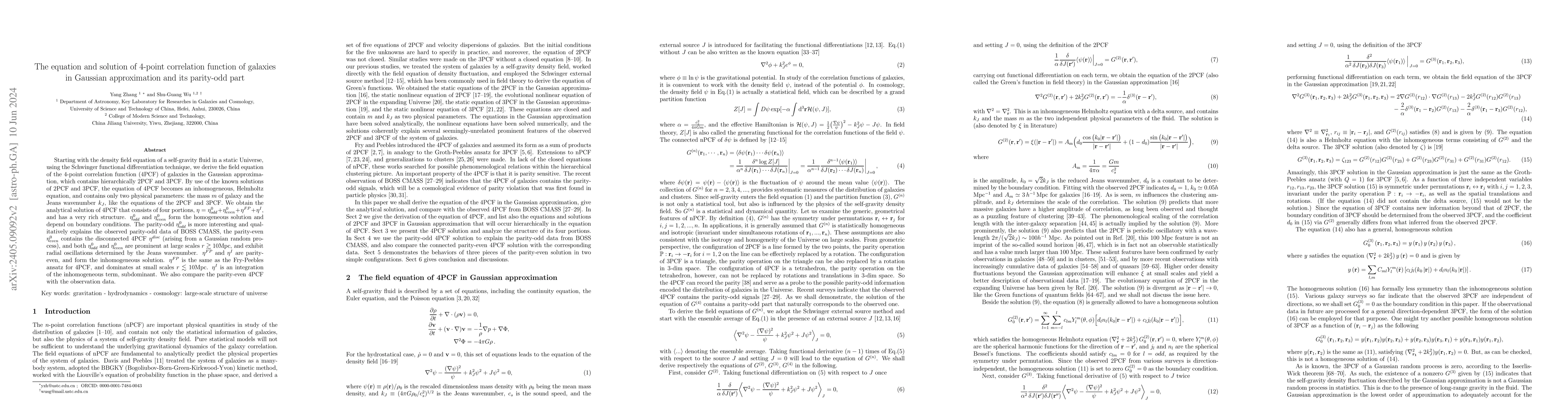 Thumbnail for The equation and solution of 4-point correlation function of galaxies in
  Gaussian approximation and its parity-odd part