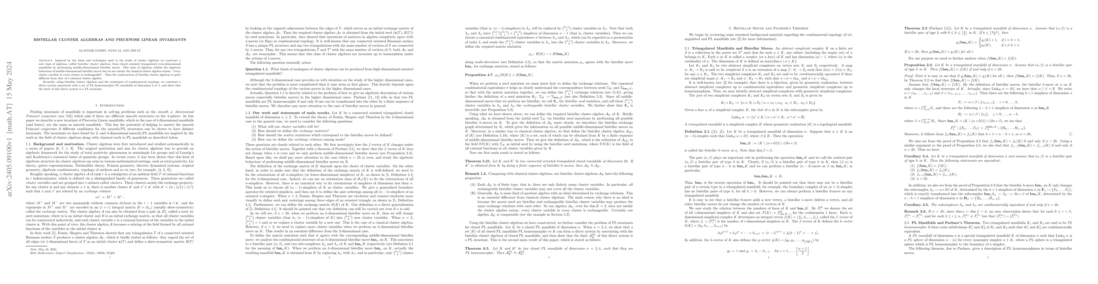 Thumbnail for Bistellar Cluster Algebras and Piecewise Linear Invariants