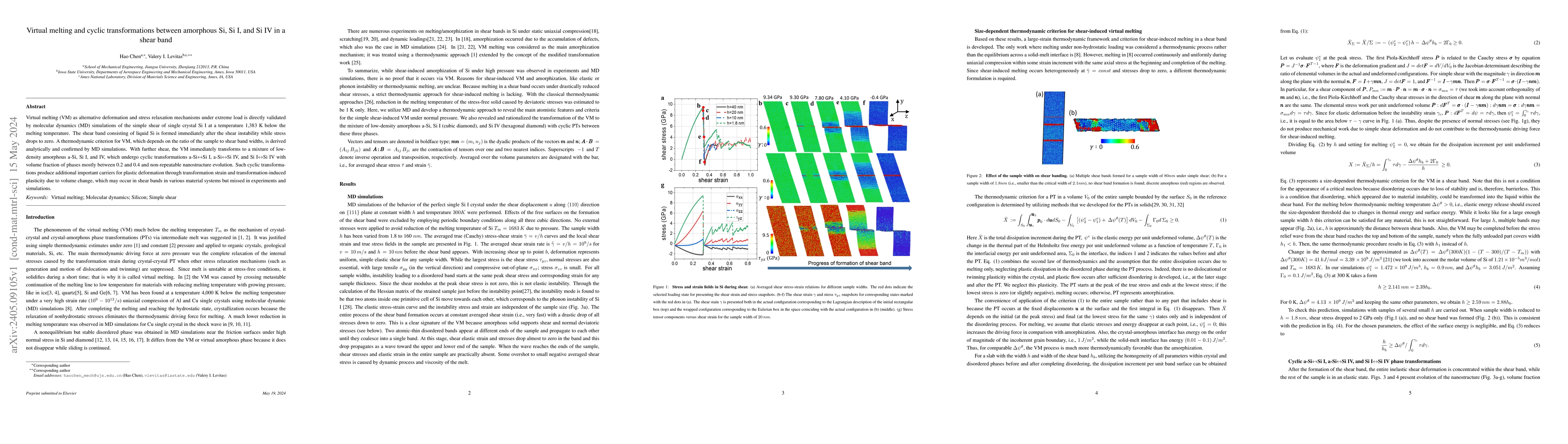 Thumbnail for Virtual melting and cyclic transformations between amorphous Si, Si I,
  and Si IV in a shear band