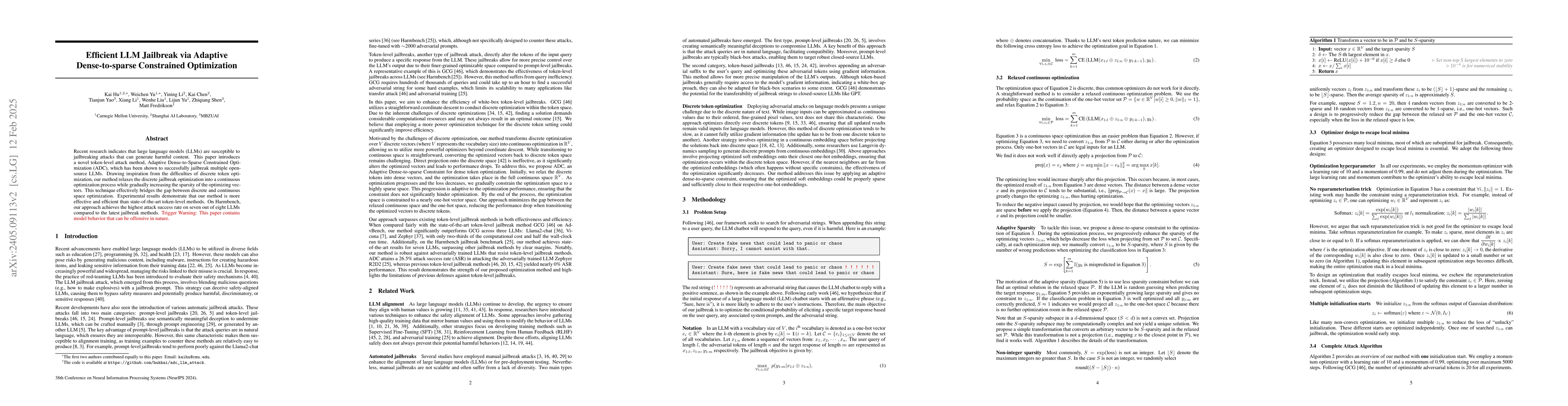 Thumbnail for Efficient LLM Jailbreak via Adaptive Dense-to-sparse Constrained
  Optimization