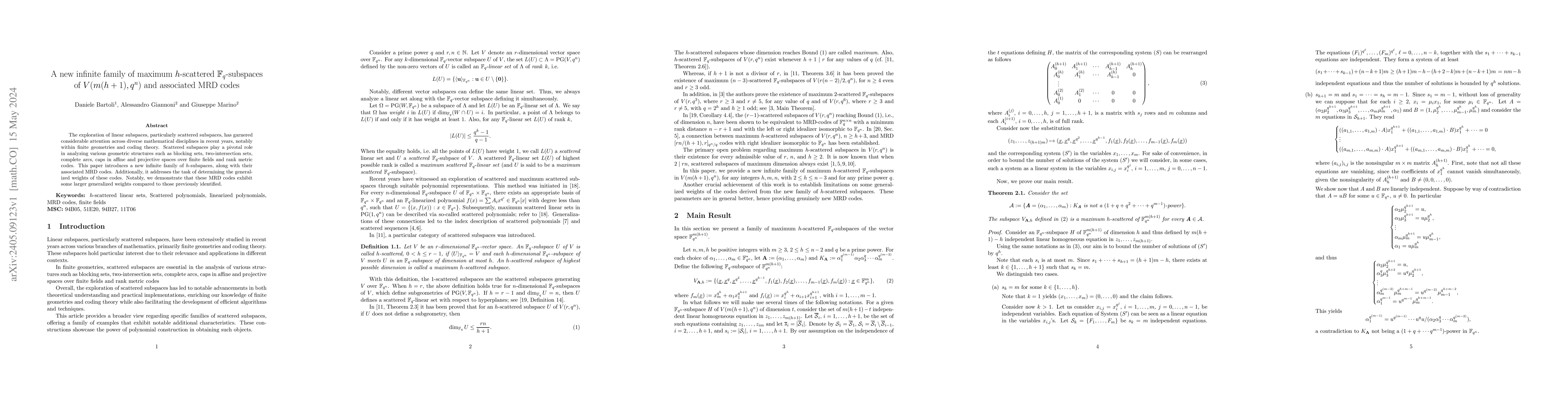 Thumbnail for A new infinite family of maximum $h$-scattered $\mathbb{F}_q$-subspaces
  of $V(m(h+1),q^n)$ and associated MRD codes
