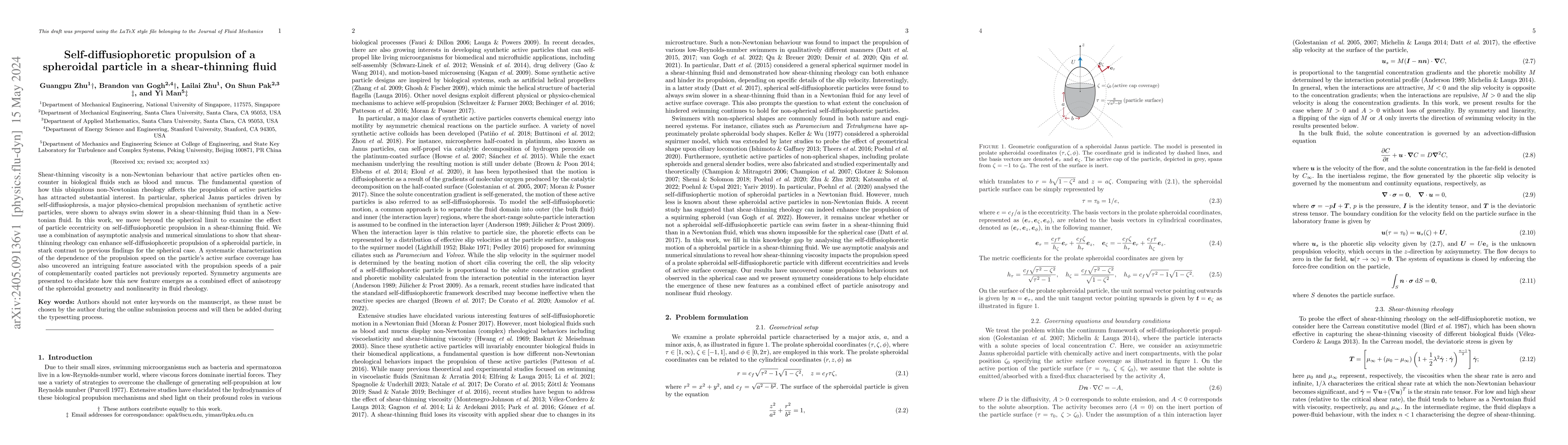 Thumbnail for Self-diffusiophoretic propulsion of a spheroidal particle in a
  shear-thinning fluid
