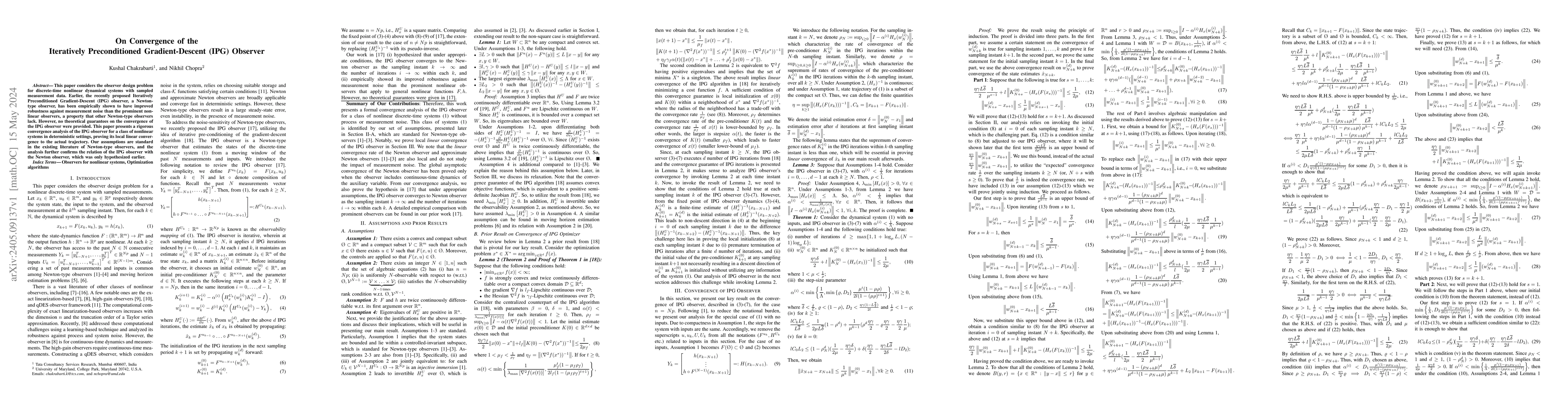 Thumbnail for On Convergence of the Iteratively Preconditioned Gradient-Descent (IPG)
  Observer