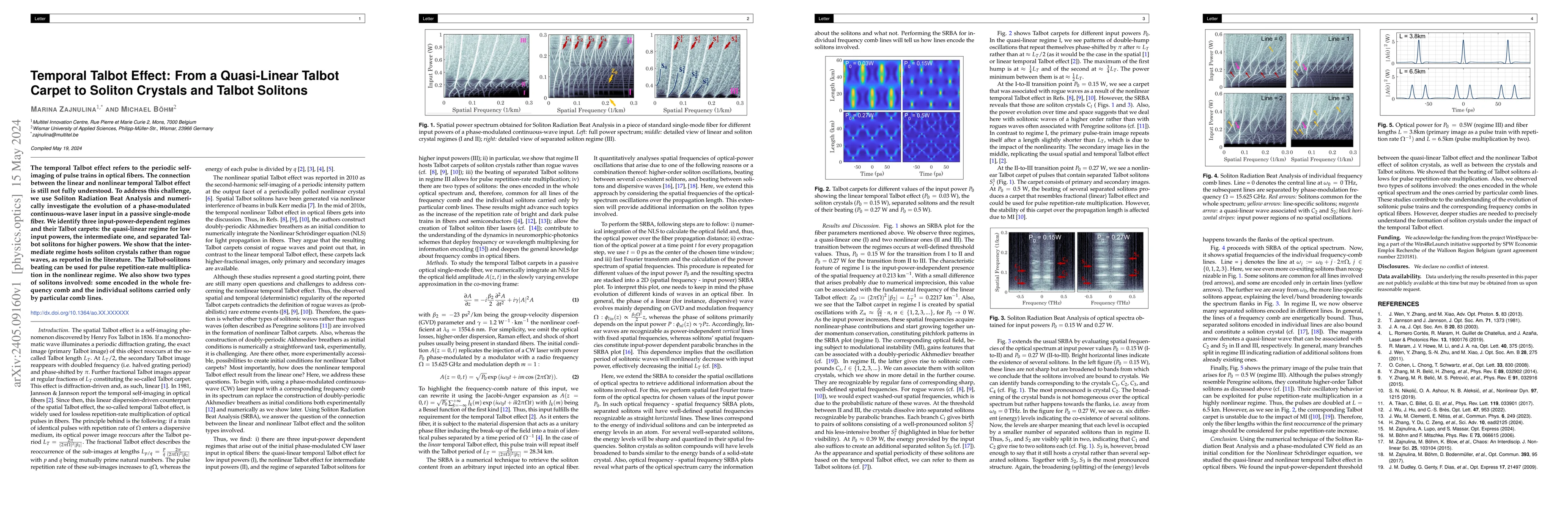 Thumbnail for Temporal Talbot Effect: From a Quasi-Linear Talbot Carpet to Soliton
  Crystals and Talbot Solitons