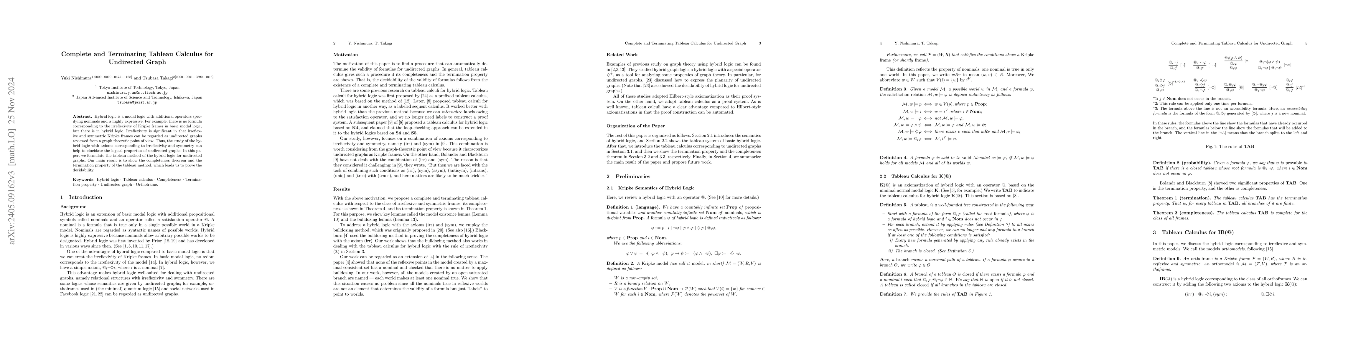 Thumbnail for Completeness and Termination of Tableau Calculus for Undirected Graphs