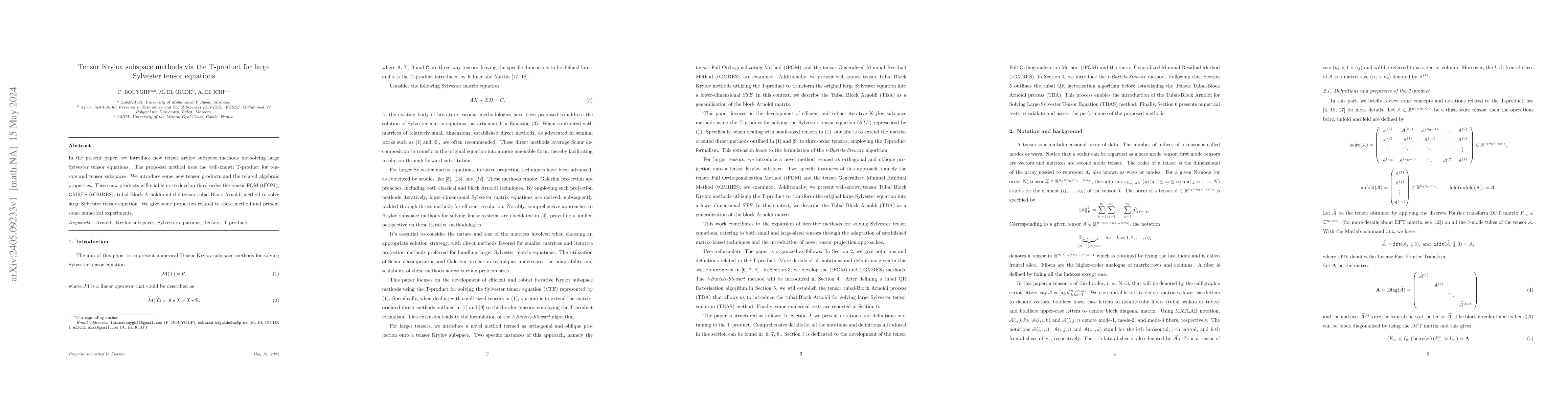 Thumbnail for Tensor Krylov subspace methods via the T-product for large Sylvester
  tensor equations
