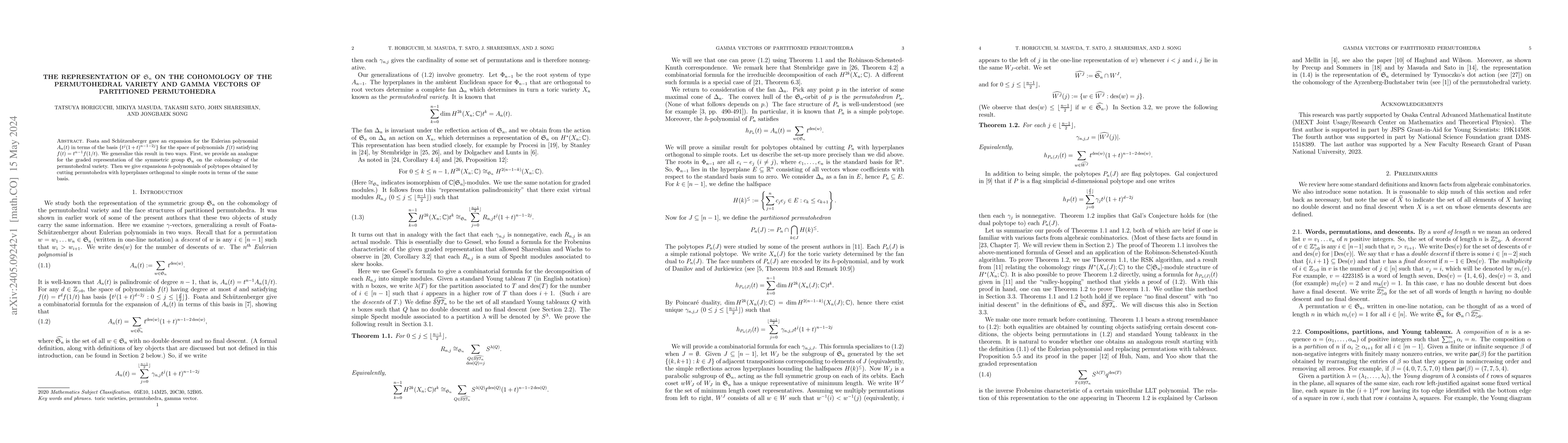 Thumbnail for The representation of $\mathfrak{S}_n$ on the cohomology of the
  permutohedral variety and gamma vectors of partitioned permutohedra