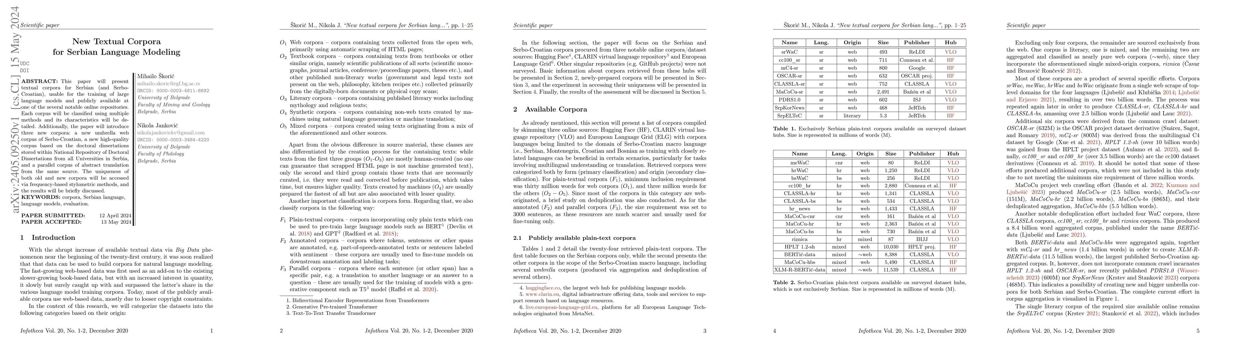 Thumbnail for New Textual Corpora for Serbian Language Modeling