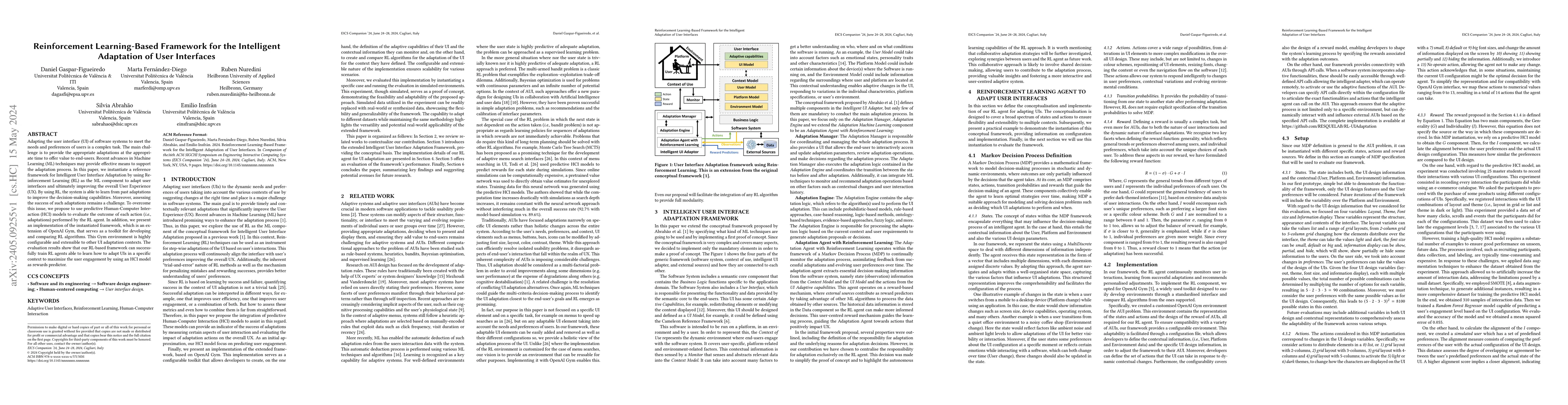 Thumbnail for Reinforcement Learning-Based Framework for the Intelligent Adaptation of
  User Interfaces