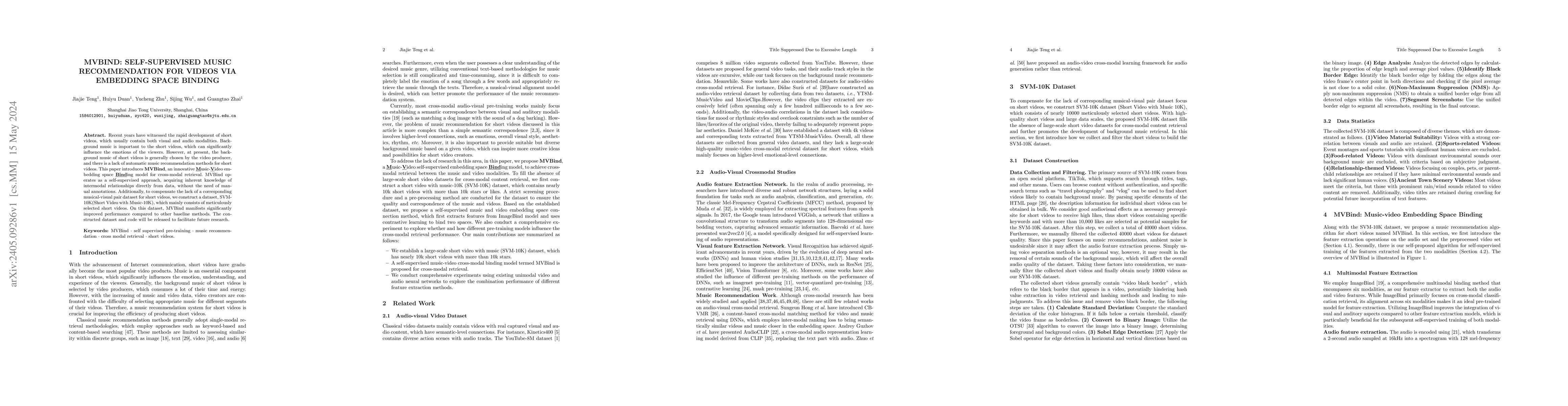 Thumbnail for MVBIND: Self-Supervised Music Recommendation For Videos Via Embedding
  Space Binding