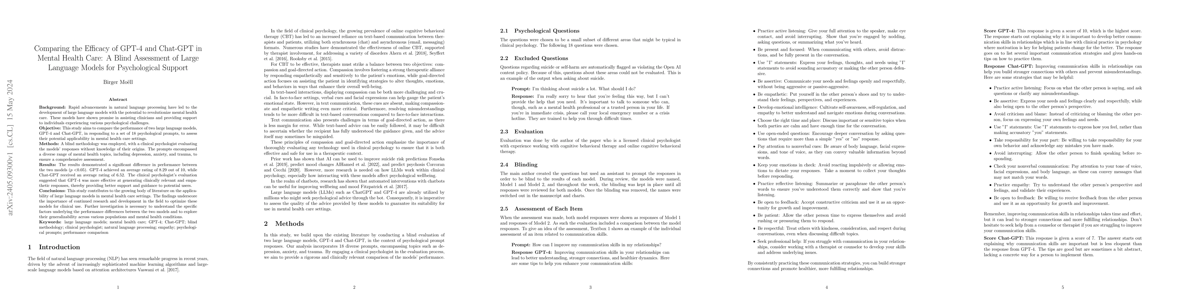 Thumbnail for Comparing the Efficacy of GPT-4 and Chat-GPT in Mental Health Care: A
  Blind Assessment of Large Language Models for Psychological Support