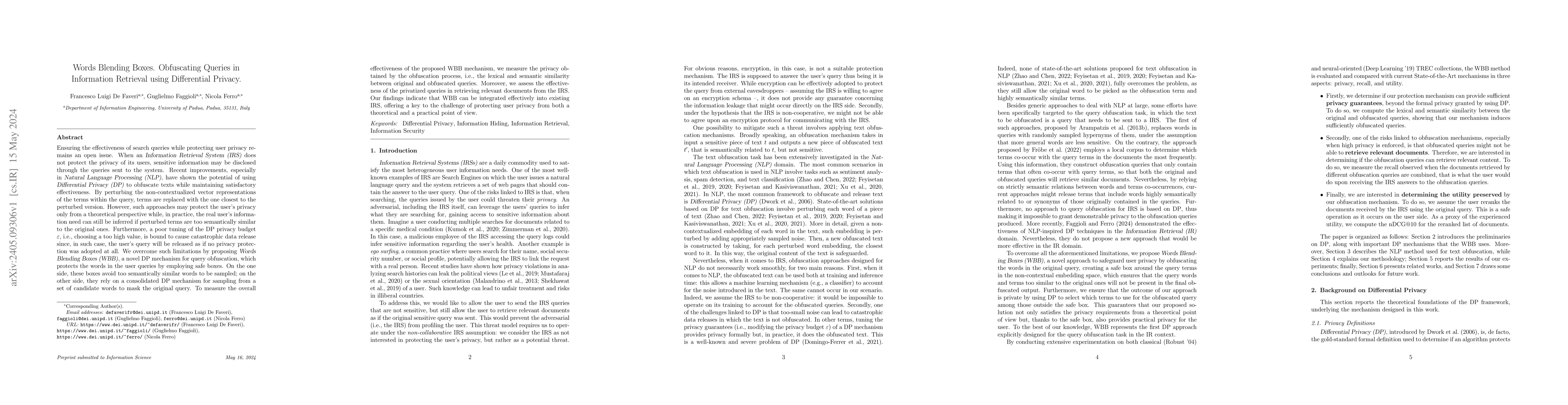 Thumbnail for Words Blending Boxes. Obfuscating Queries in Information Retrieval using
  Differential Privacy