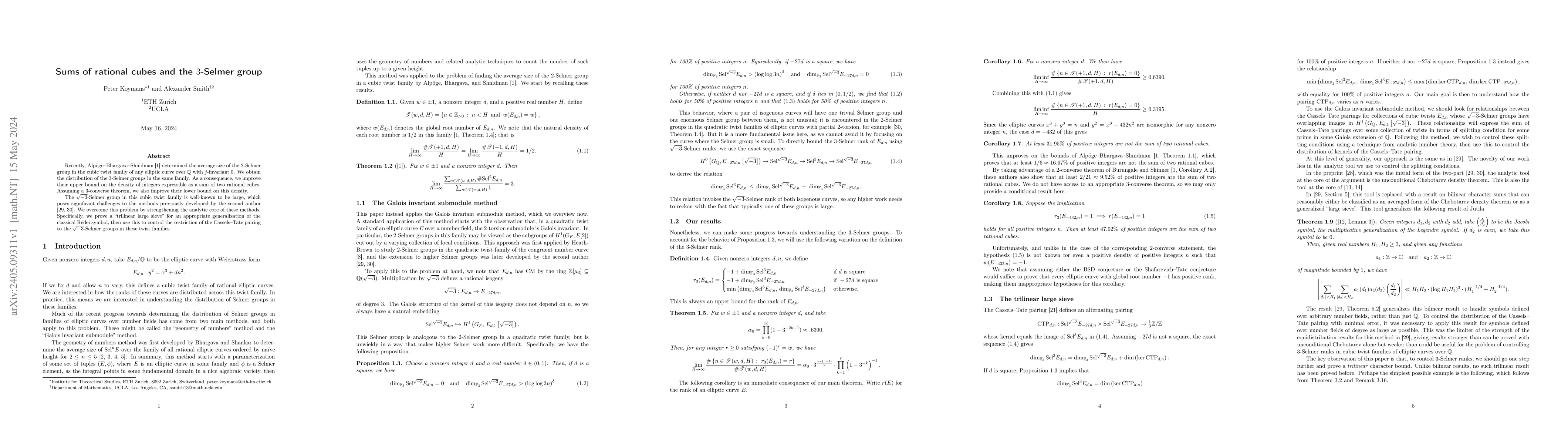 Thumbnail for Sums of rational cubes and the $3$-Selmer group