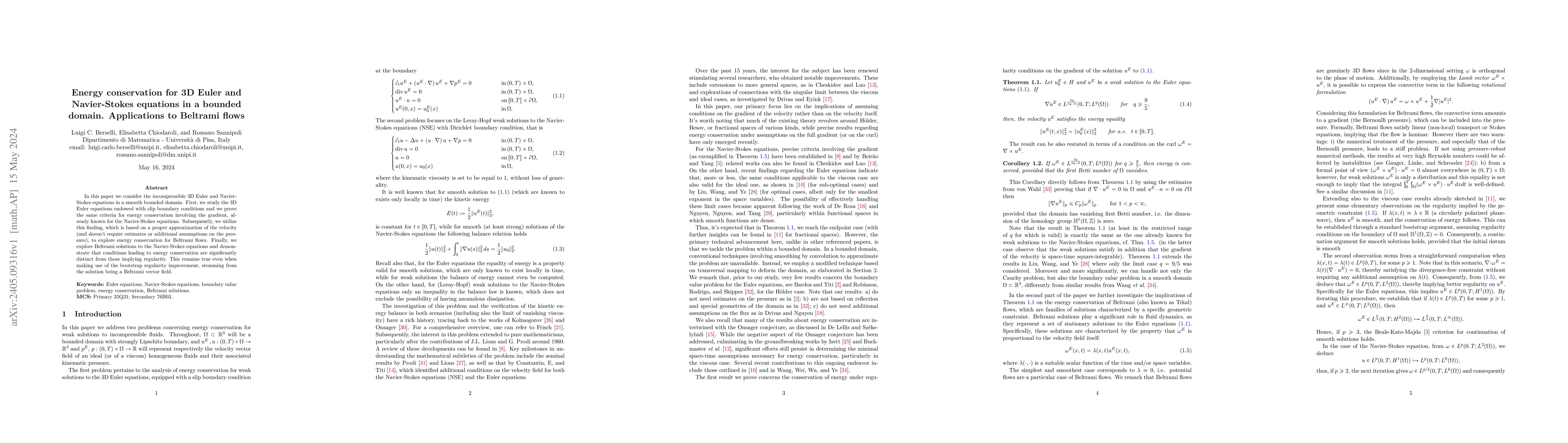 Thumbnail for Energy conservation for 3D Euler and Navier-Stokes equations in a
  bounded domain. Applications to Beltrami flows