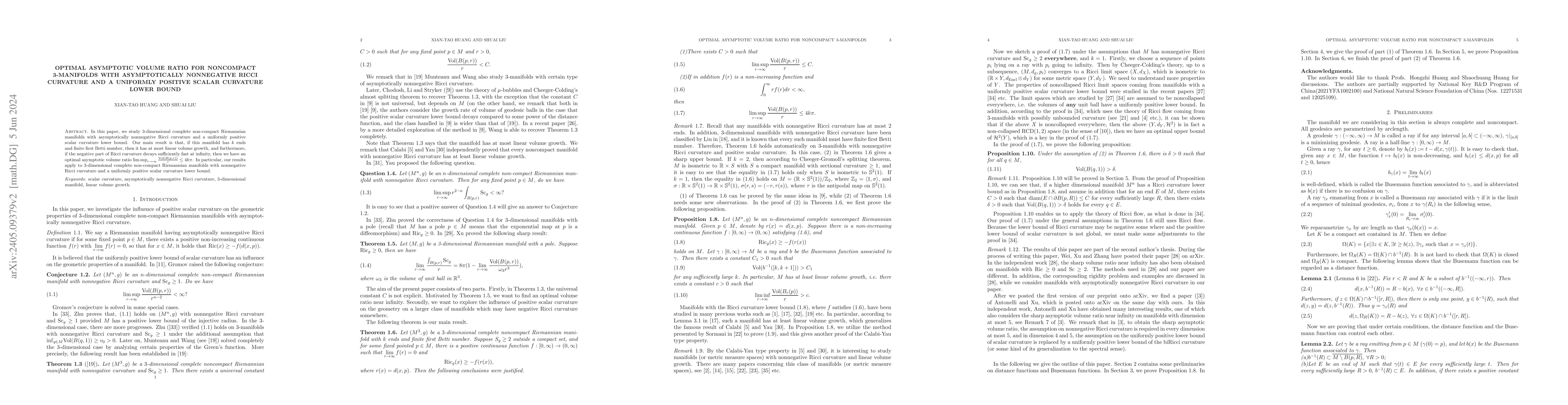 Thumbnail for Optimal asymptotic volume ratio for noncompact 3-manifolds with
  asymptotically nonnegative Ricci curvature and a uniformly positive scalar
  curvature lower bound