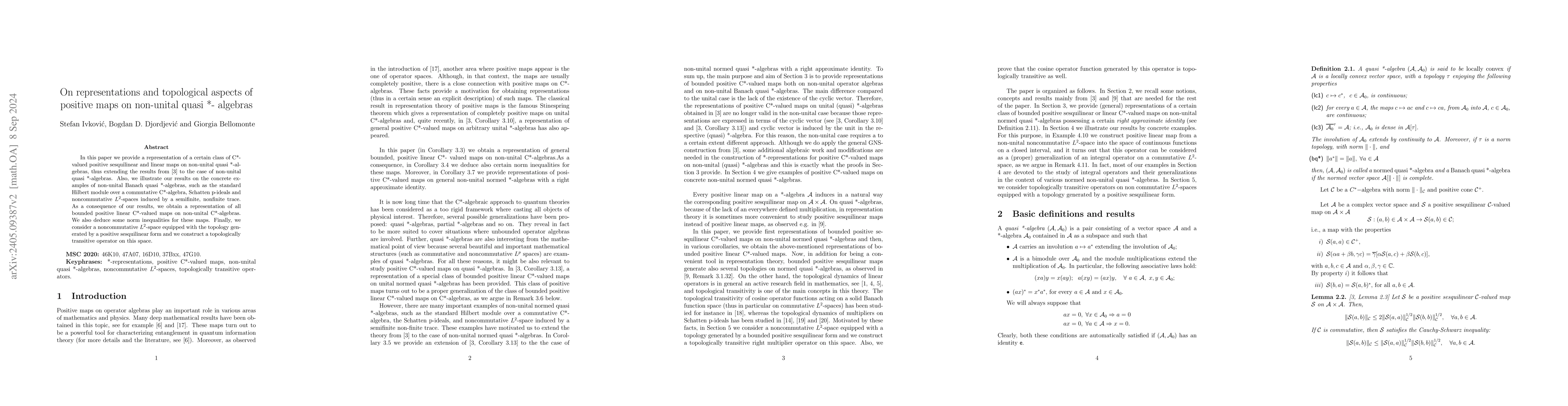 Thumbnail for On representations and topological aspects of positive maps on
  non-unital quasi *-algebras