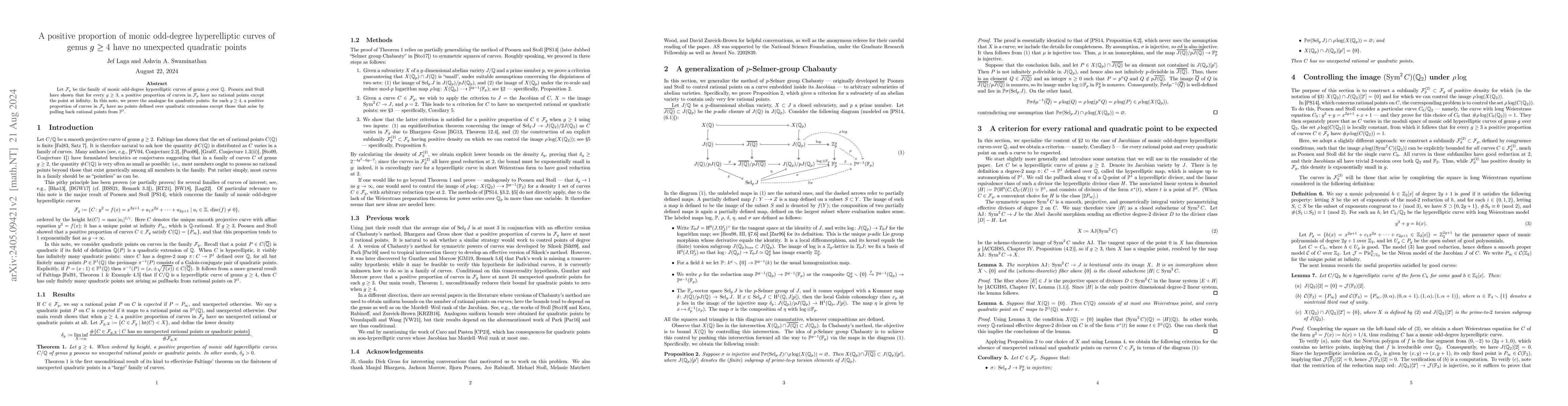 Thumbnail for A positive proportion of monic odd-degree hyperelliptic curves of genus
  $g \geq 4$ have no unexpected quadratic points