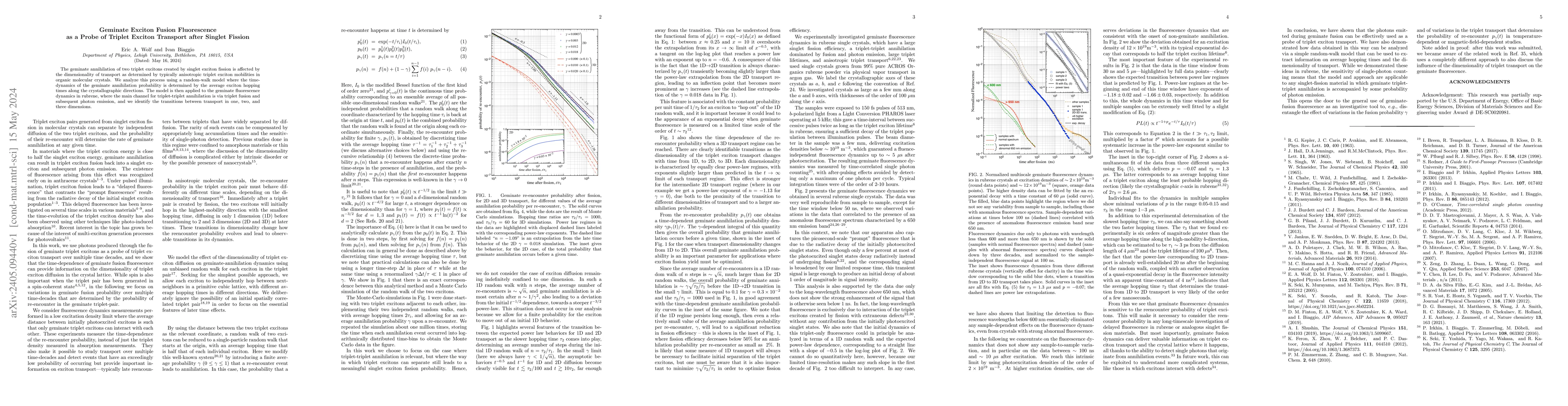 Thumbnail for Geminate Exciton Fusion Fluorescence as a Probe of Triplet Exciton
  Transport after Singlet Fission