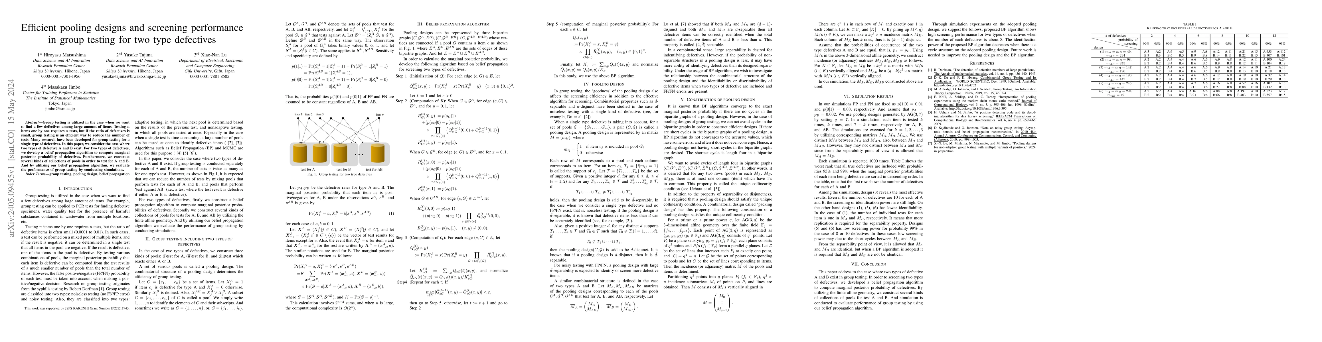 Thumbnail for Efficient pooling designs and screening performance in group testing for
  two type defectives