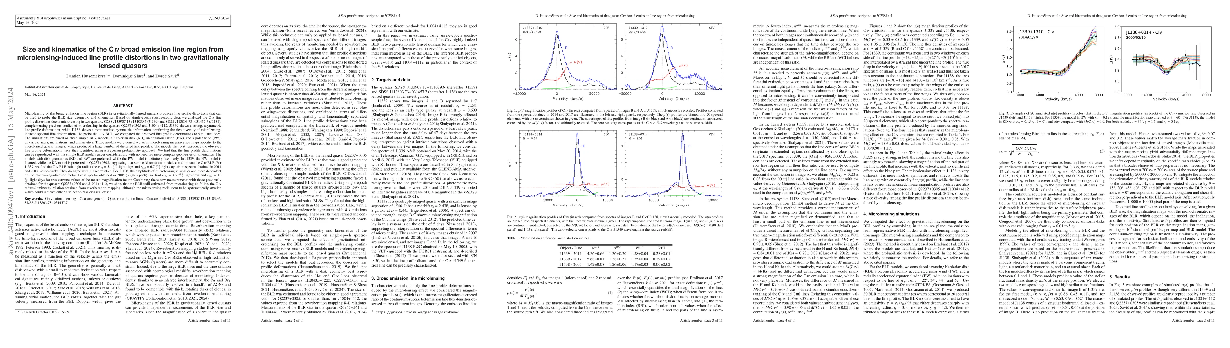 Thumbnail for Size and kinematics of the CIV broad emission line region from
  microlensing-induced line profile distortions in two gravitationally lensed
  quasars