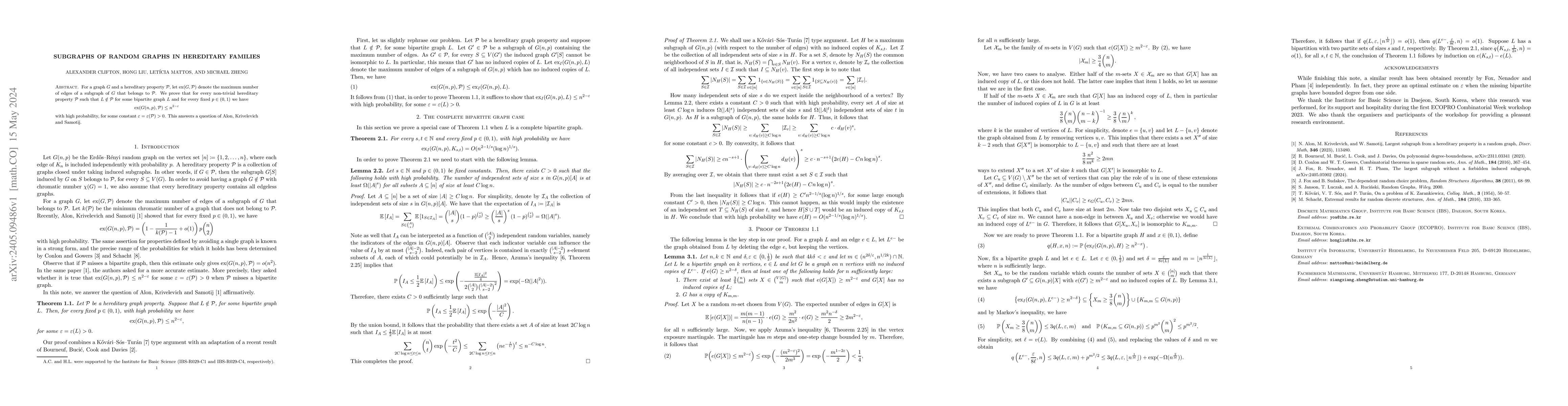 Thumbnail for Subgraphs of random graphs in hereditary families