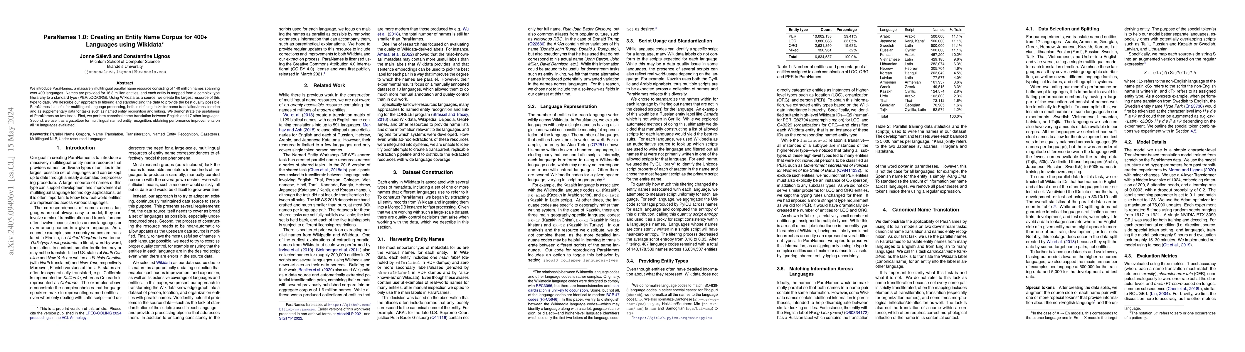 Thumbnail for ParaNames 1.0: Creating an Entity Name Corpus for 400+ Languages using
  Wikidata