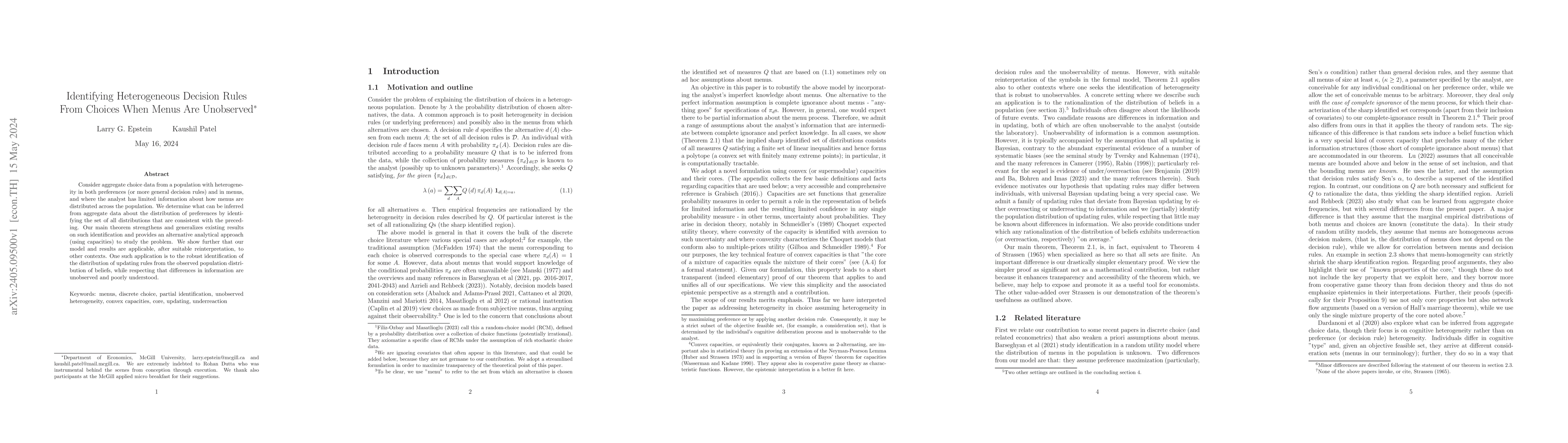 Thumbnail for Identifying Heterogeneous Decision Rules From Choices When Menus Are
  Unobserved