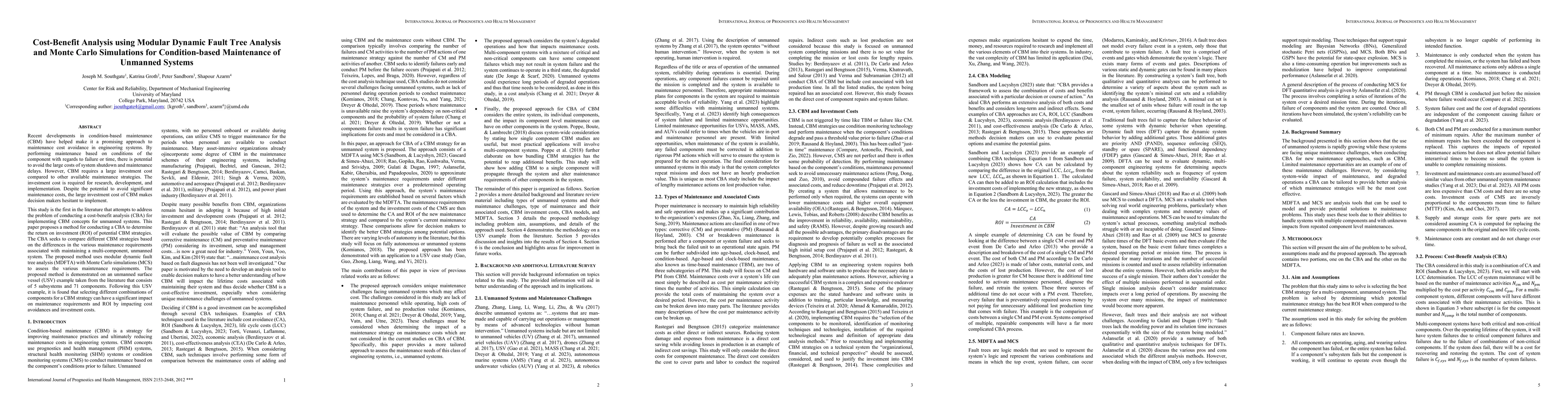 Thumbnail for Cost-Benefit Analysis using Modular Dynamic Fault Tree Analysis and
  Monte Carlo Simulations for Condition-based Maintenance of Unmanned Systems