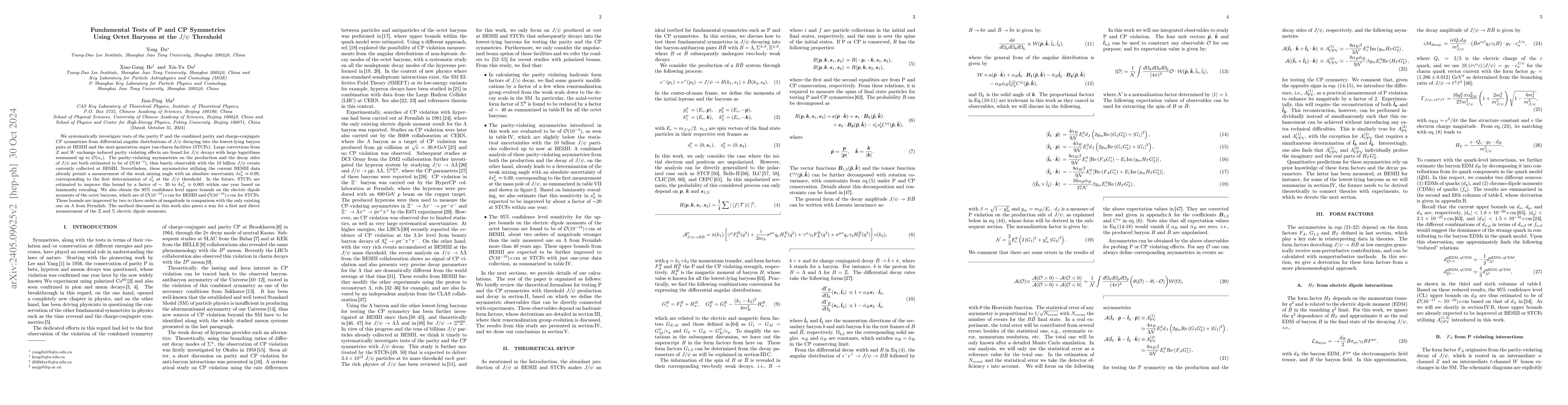 Thumbnail for Fundamental Tests of P and CP Symmetries Using Octet Baryons at the
  $J/\psi$ Threshold
