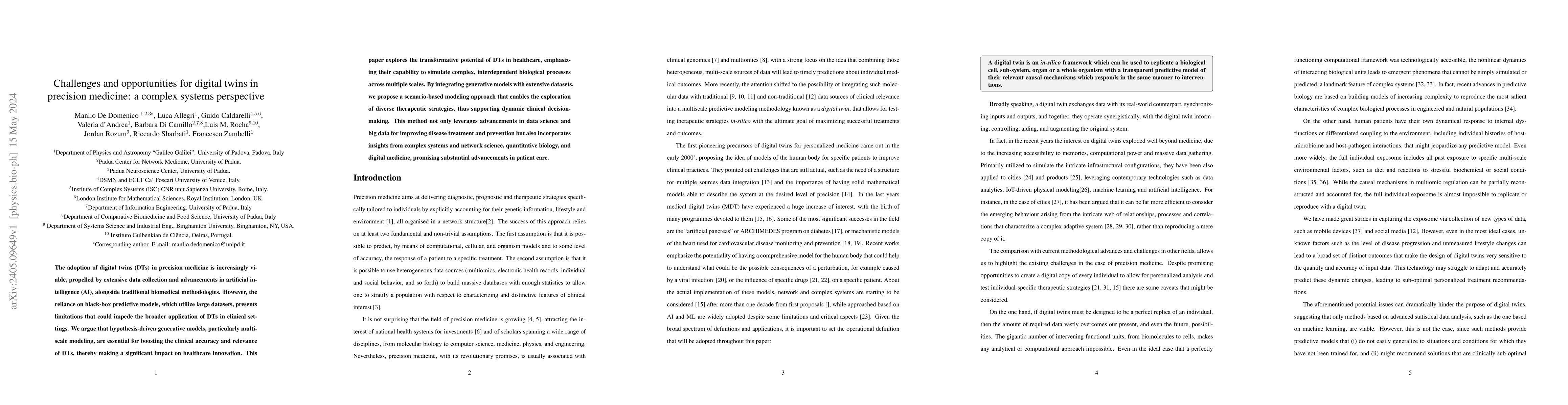 Thumbnail for Challenges and opportunities for digital twins in precision medicine: a
  complex systems perspective