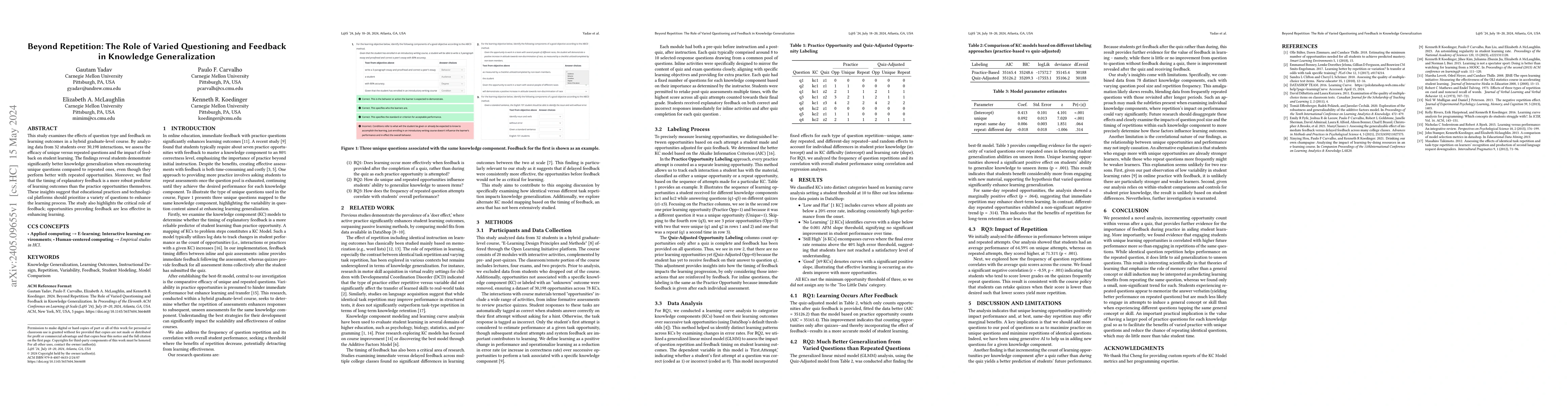 Thumbnail for Beyond Repetition: The Role of Varied Questioning and Feedback in
  Knowledge Generalization