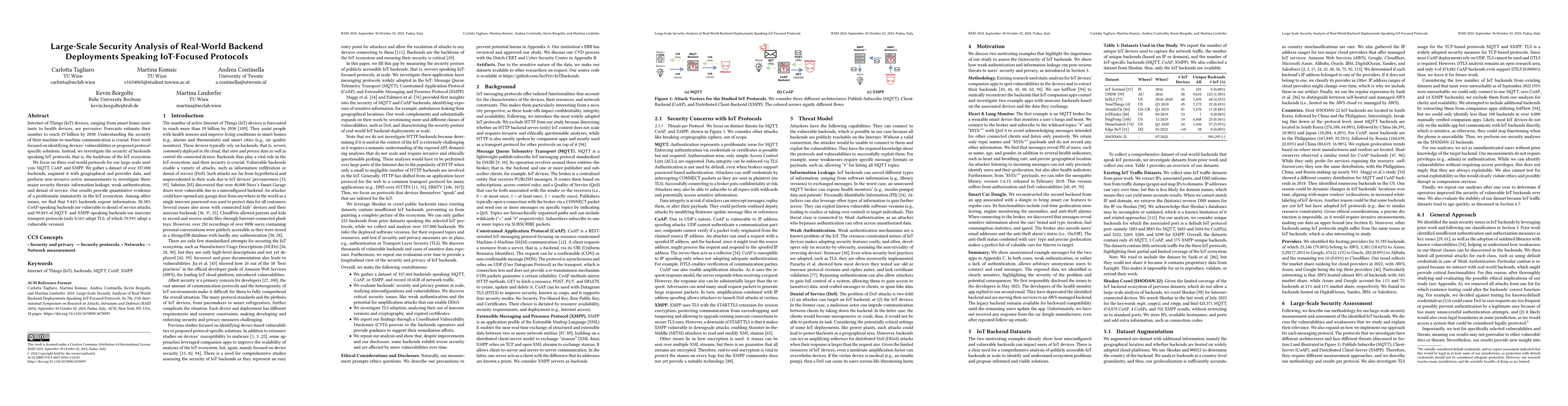 Thumbnail for Large-Scale Security Analysis of Real-World Backend Deployments Speaking
  IoT-Focused Protocols