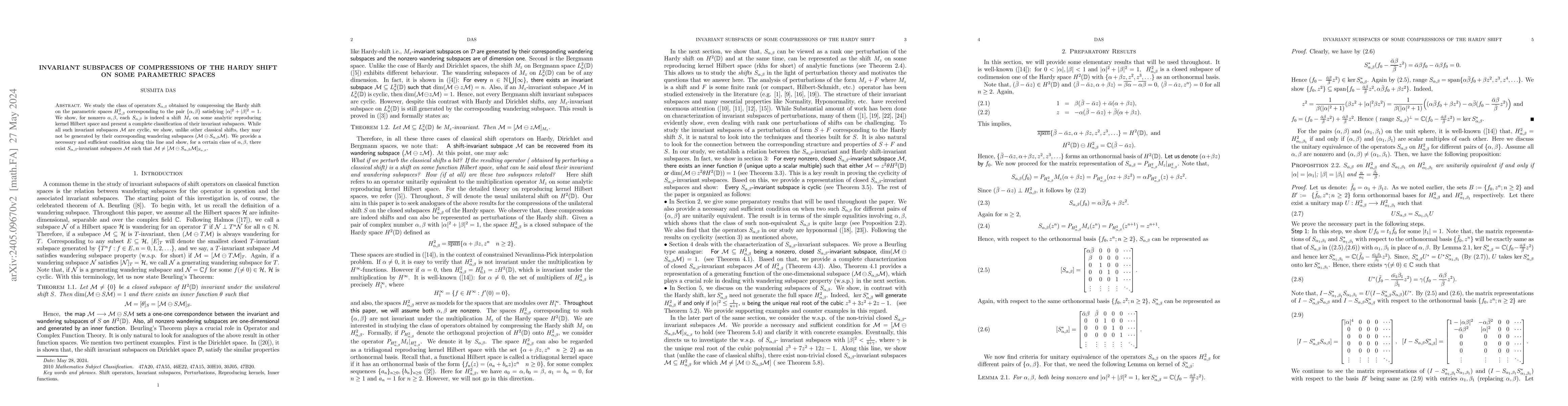 Thumbnail for Invariant subspaces of compressions of the Hardy shift on some
  parametric spaces