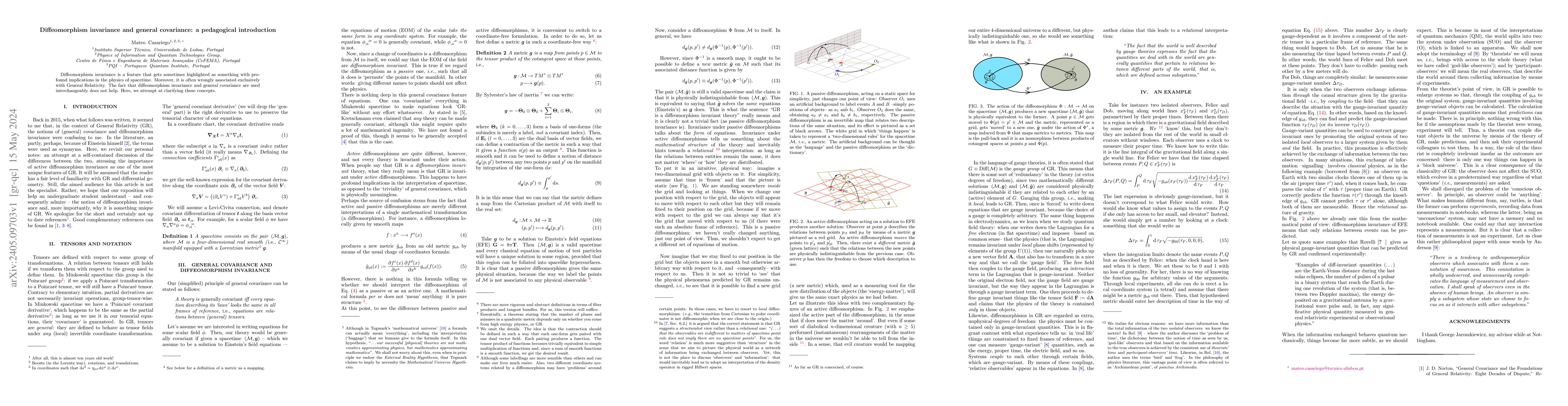 Thumbnail for Diffeomorphism invariance and general covariance: a pedagogical
  introduction