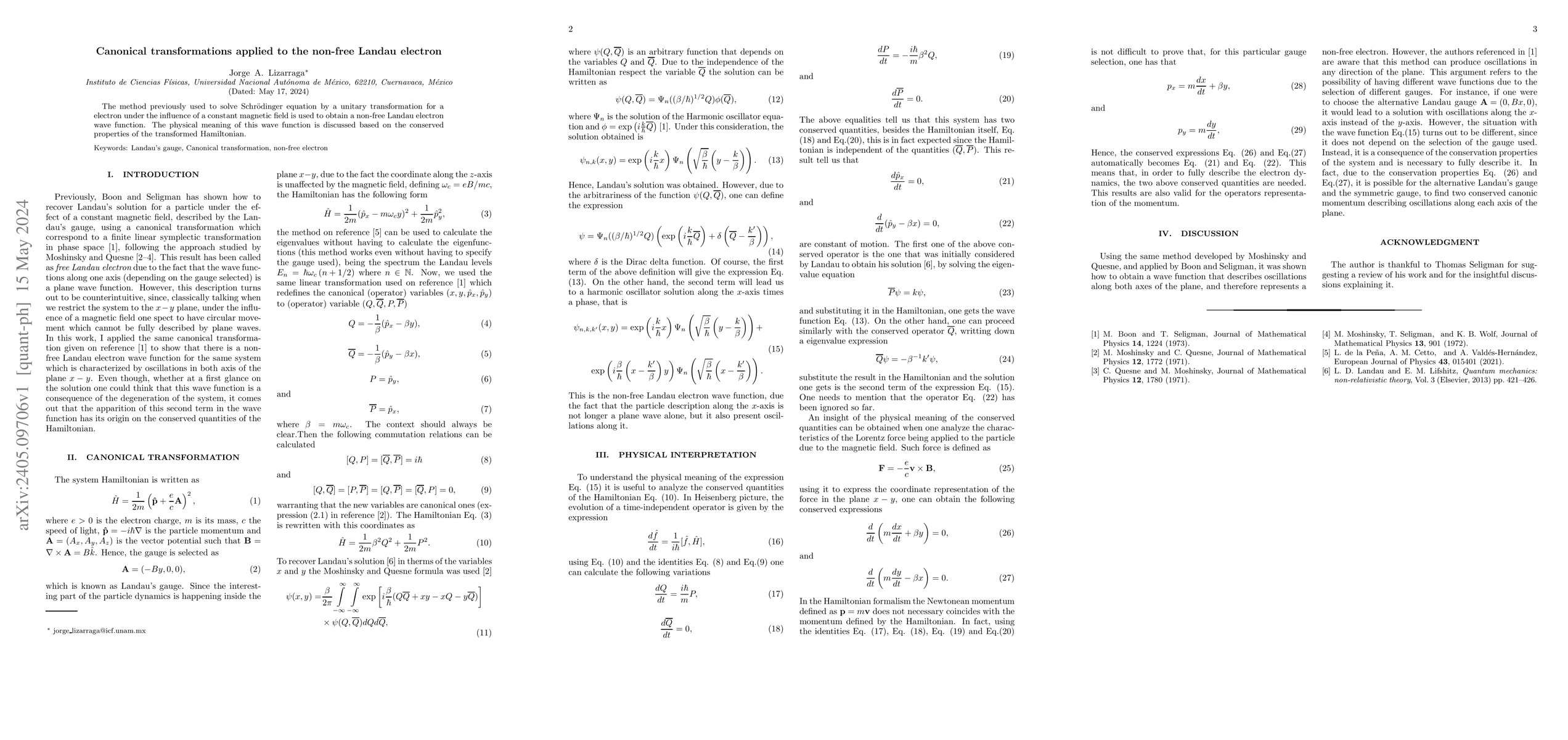 Thumbnail for Canonical transformations applied to the non-free Landau electron