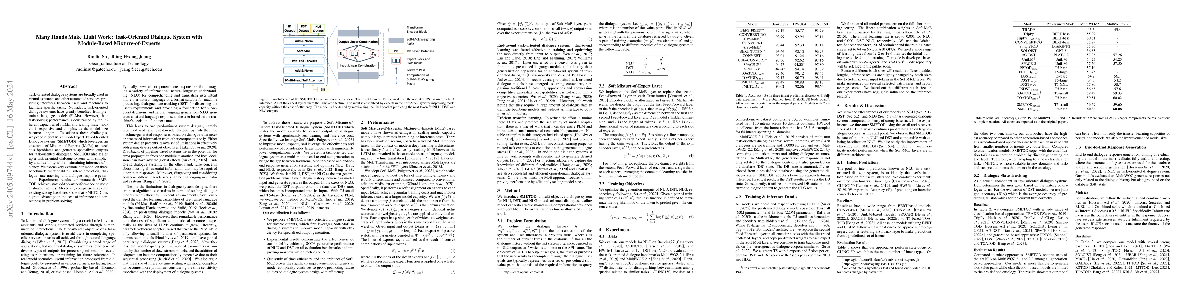 Thumbnail for Many Hands Make Light Work: Task-Oriented Dialogue System with
  Module-Based Mixture-of-Experts