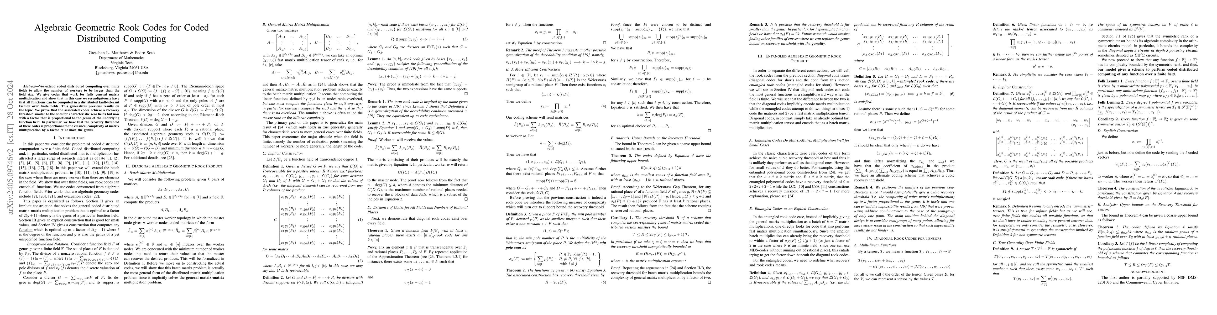 Thumbnail for Algebraic Geometric Rook Codes for Coded Distributed Computing