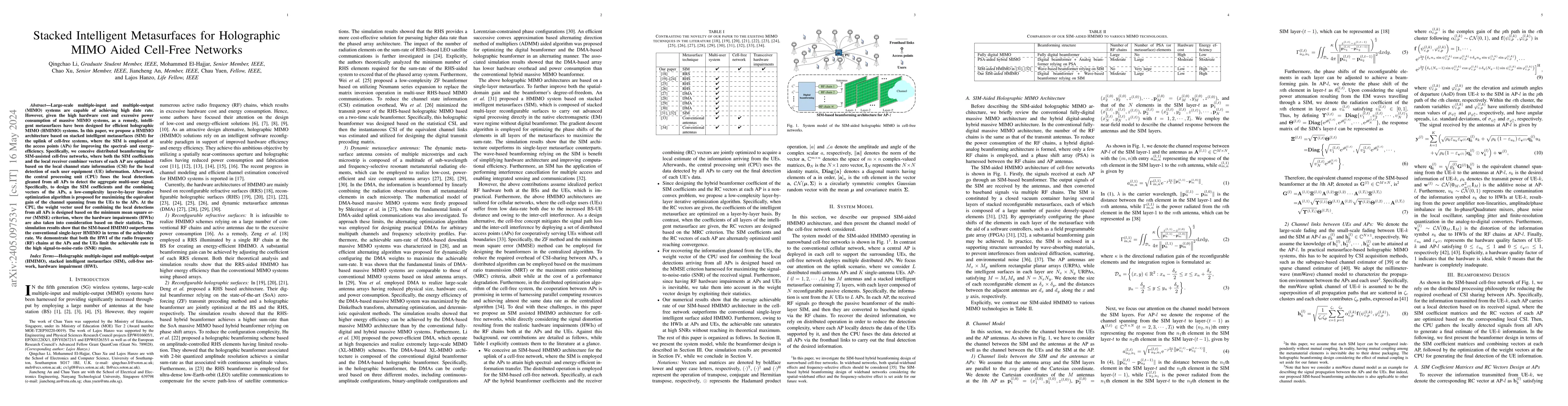 Thumbnail for Stacked Intelligent Metasurfaces for Holographic MIMO Aided Cell-Free
  Networks