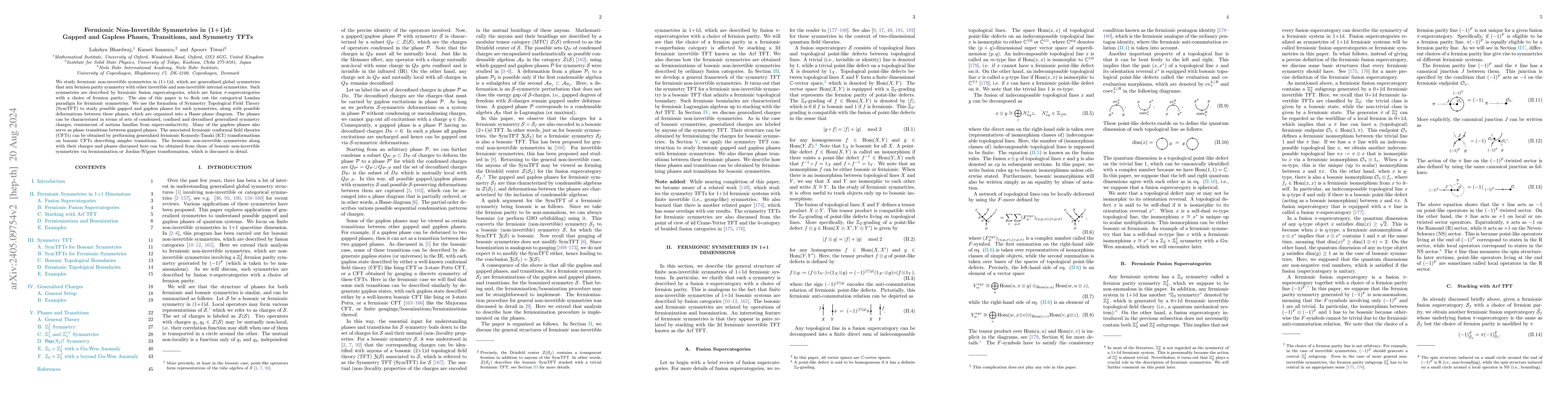 Thumbnail for Fermionic Non-Invertible Symmetries in (1+1)d: Gapped and Gapless
  Phases, Transitions, and Symmetry TFTs