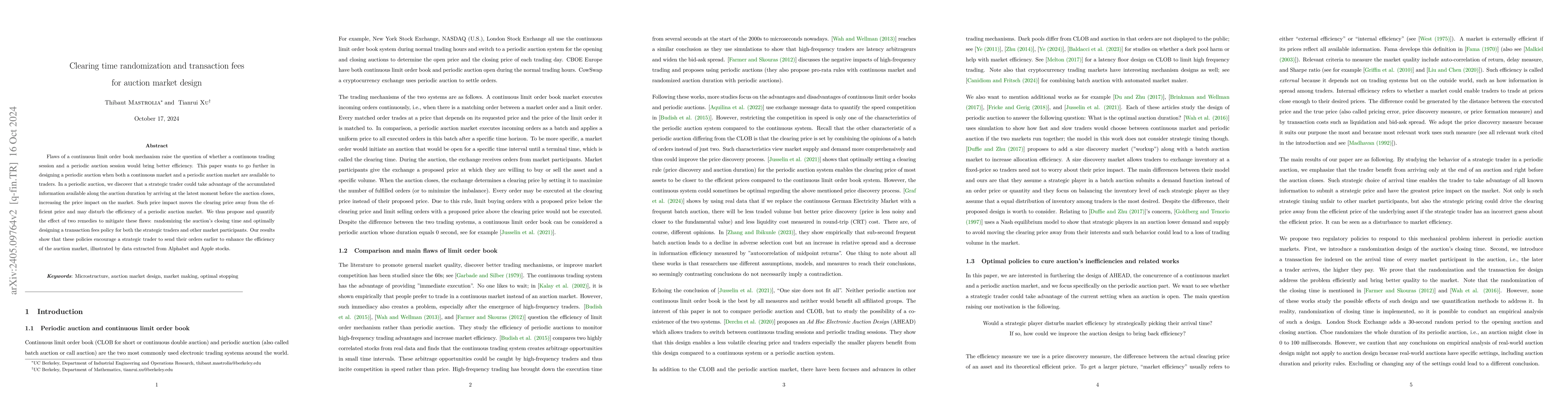 Thumbnail for Clearing time randomization and transaction fees for auction market
  design