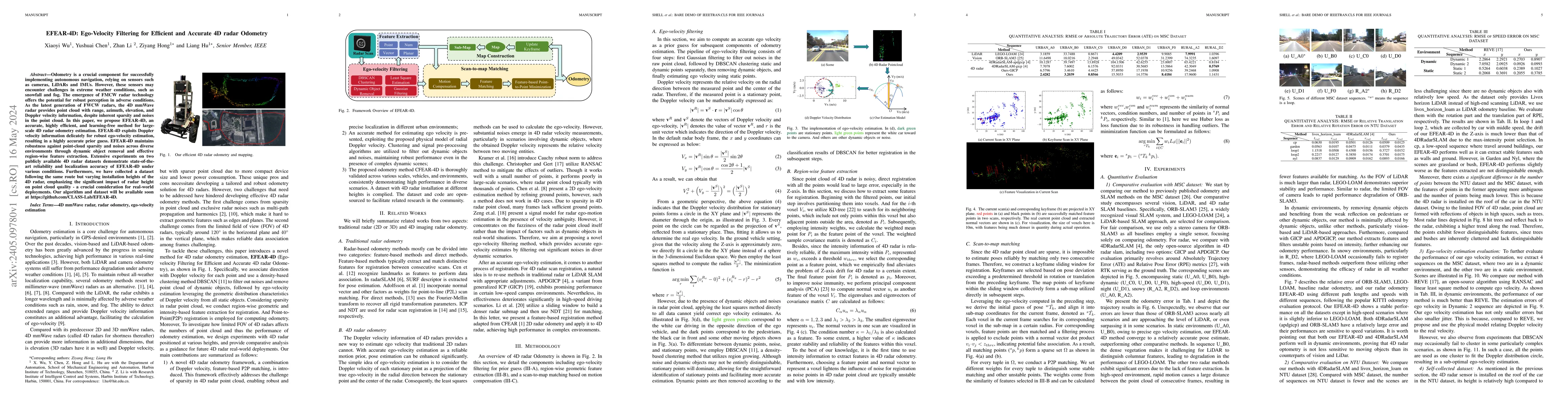 Thumbnail for EFEAR-4D: Ego-Velocity Filtering for Efficient and Accurate 4D radar
  Odometry