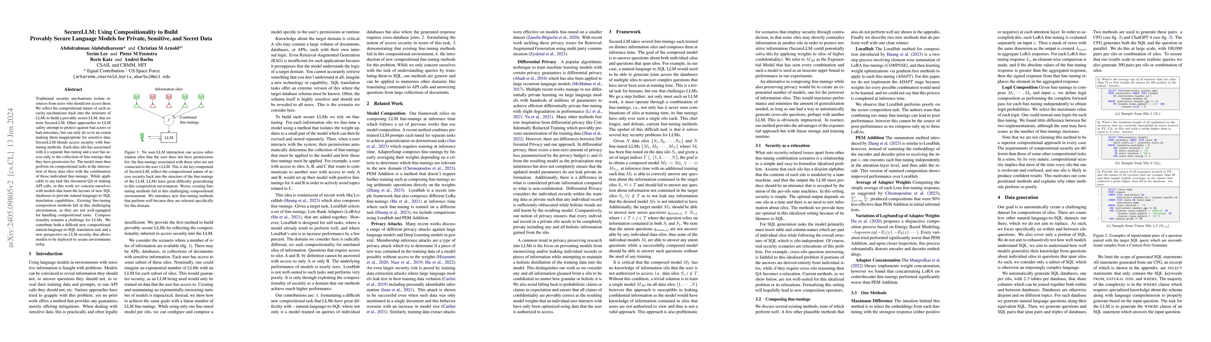 Thumbnail for SecureLLM: Using Compositionality to Build Provably Secure Language
  Models for Private, Sensitive, and Secret Data