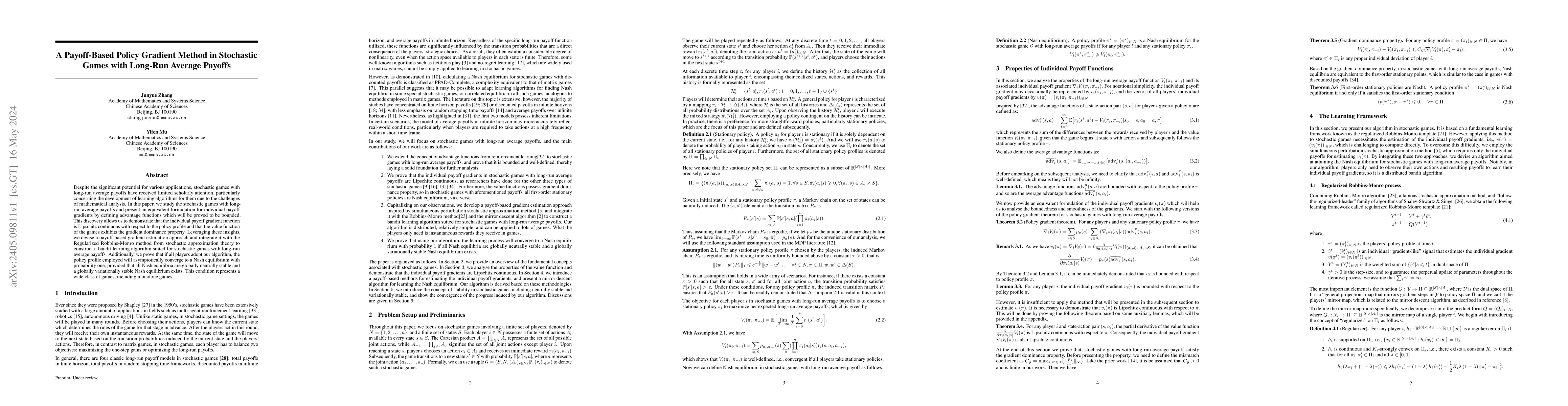 Thumbnail for A Payoff-Based Policy Gradient Method in Stochastic Games with Long-Run
  Average Payoffs