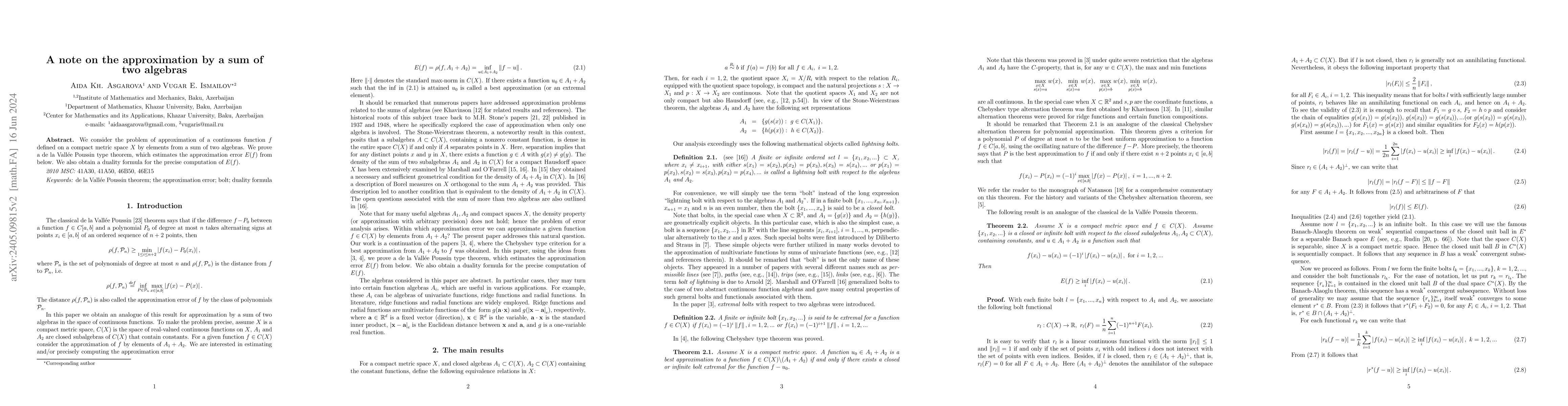 Thumbnail for A note on the approximation by a sum of two algebras