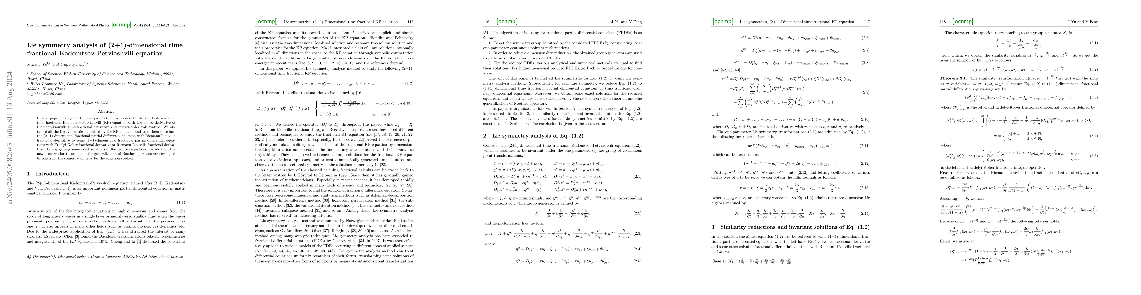 Thumbnail for Lie symmetry analysis of (2+1)-dimensional time fractional
  Kadomtsev-Petviashvili equation
