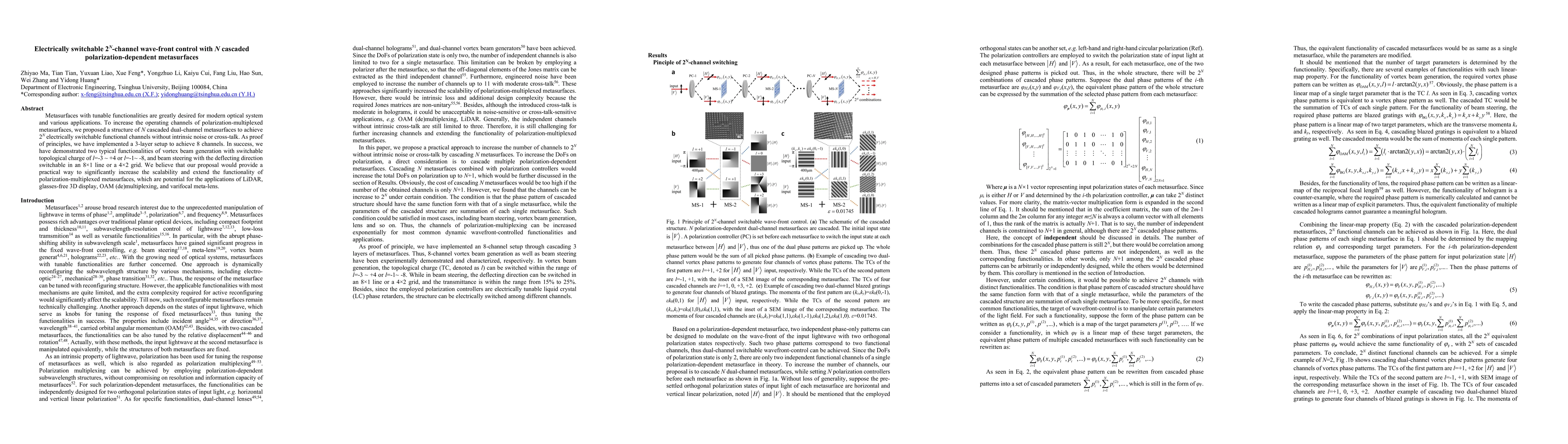 Thumbnail for Electrically switchable $2^N$-channel wave-front control with N cascaded
  polarization-dependent metasurfaces