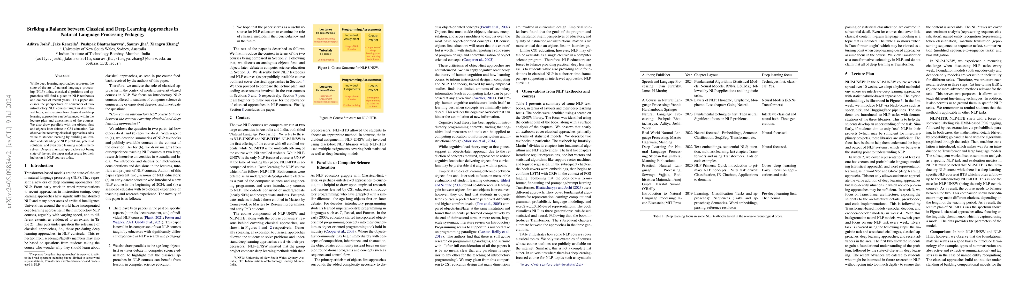 Thumbnail for Striking a Balance between Classical and Deep Learning Approaches in
  Natural Language Processing Pedagogy