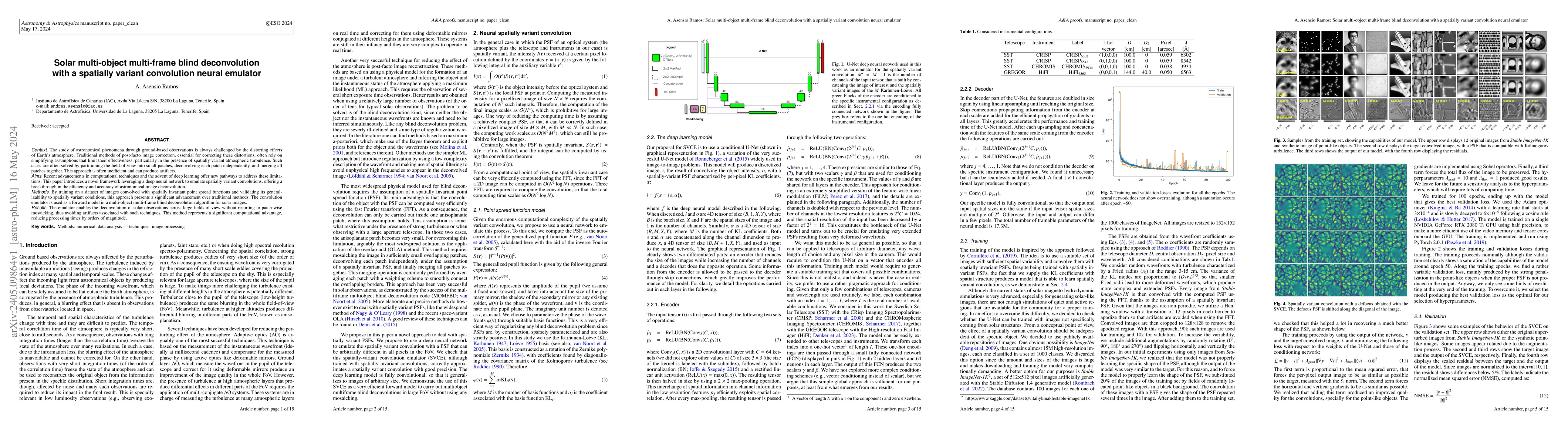 Thumbnail for Solar multi-object multi-frame blind deconvolution with a spatially
  variant convolution neural emulator