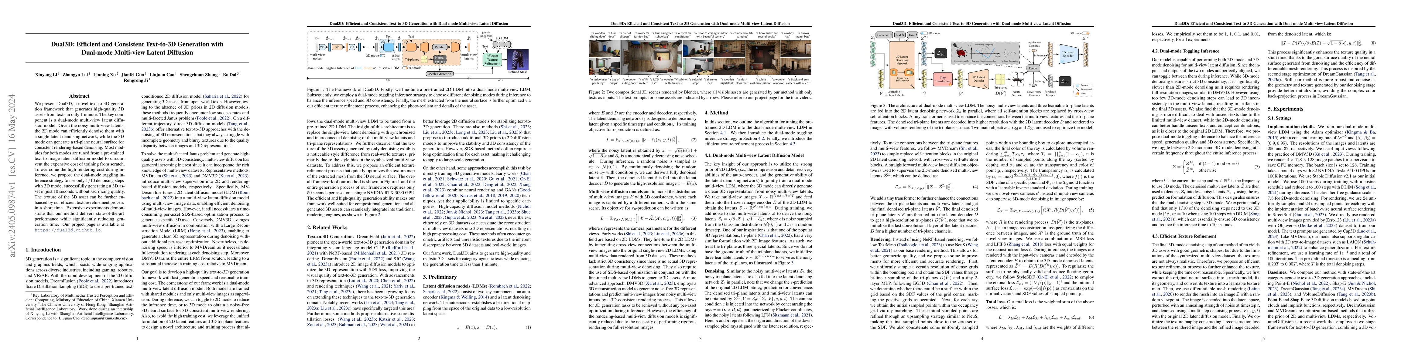 Thumbnail for Dual3D: Efficient and Consistent Text-to-3D Generation with Dual-mode
  Multi-view Latent Diffusion