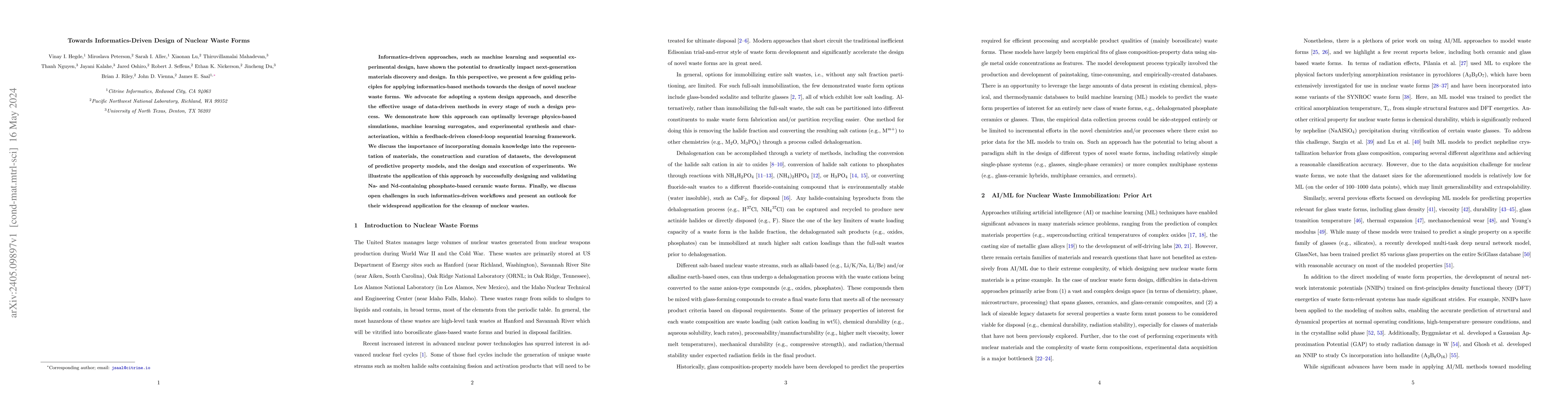 Thumbnail for Towards Informatics-Driven Design of Nuclear Waste Forms